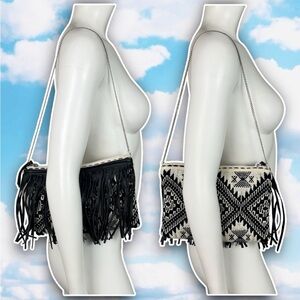 NWOT CHICO'S Fancy Leather Fringe Clutch Lurex Tribal Chain Strap Boho Festival